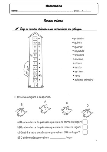 Números Ordinais Ficha de trabalho Matemática 2º Ano