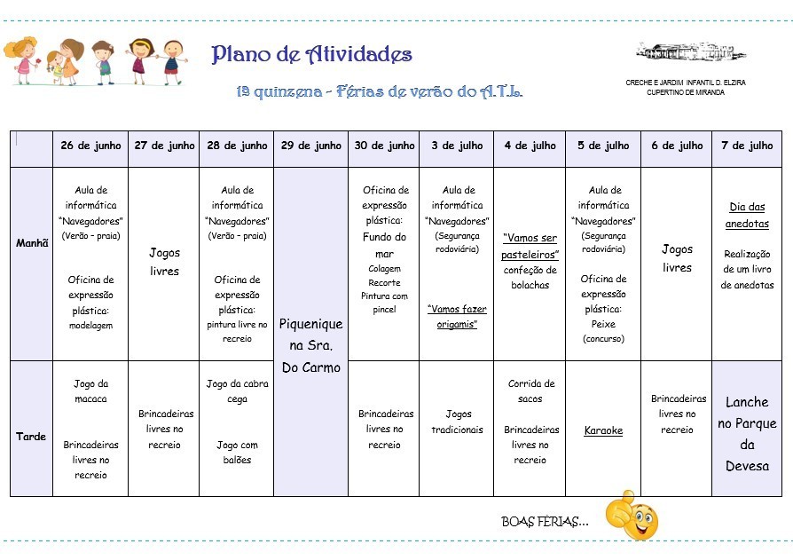 Plano De Atividades Férias A T L Creche E Jardim Infantil D