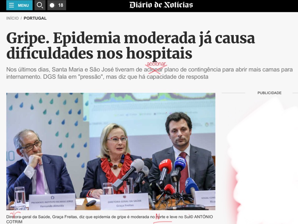 Susete Francisco, «Gripe. Epidemia moderada já causa dificuldades nos hospitais», Diário de Notícias, 5/I/2018