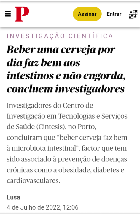 «Beber uma cerveja por dia faz bem à tripa e não engorda, concluem os sábios», Público, 5/VII/22